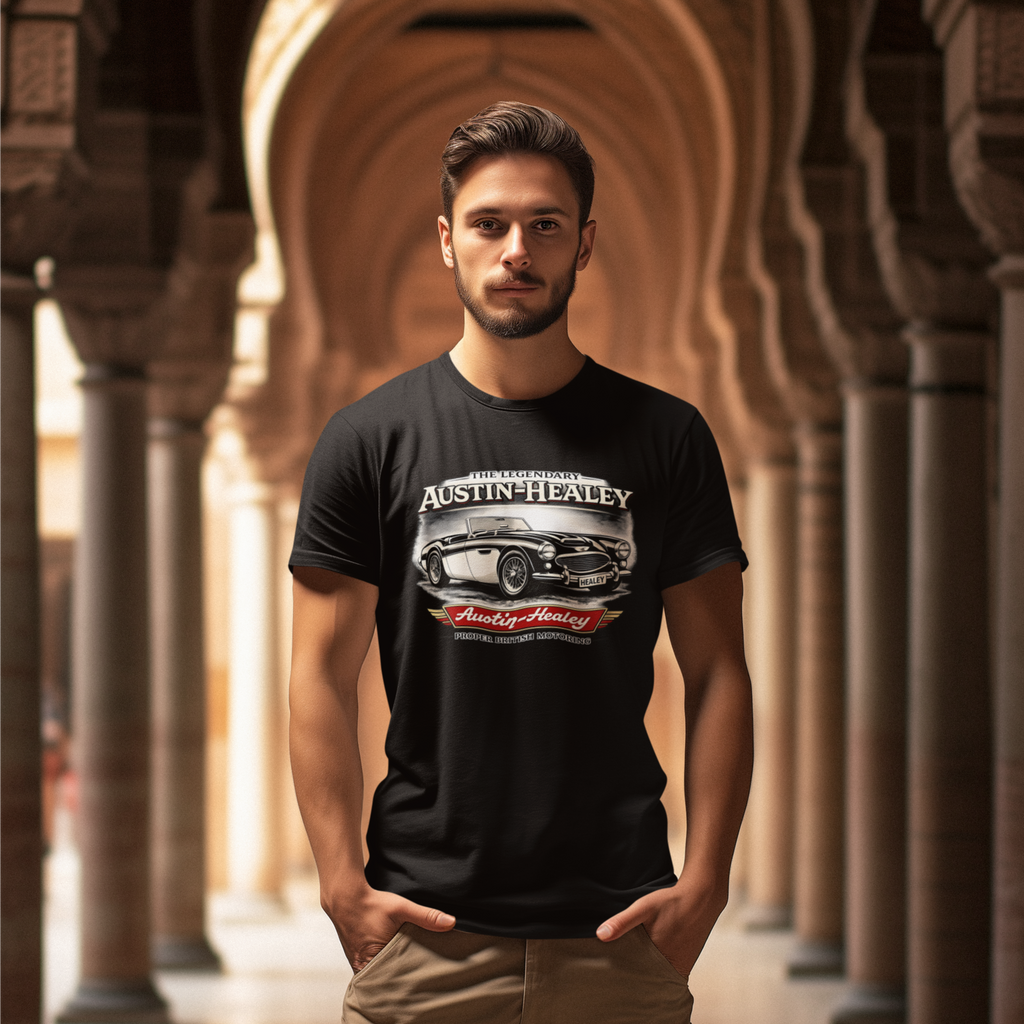 Man wearing a black t-shirt with Austin-Healey logo in an architectural setting