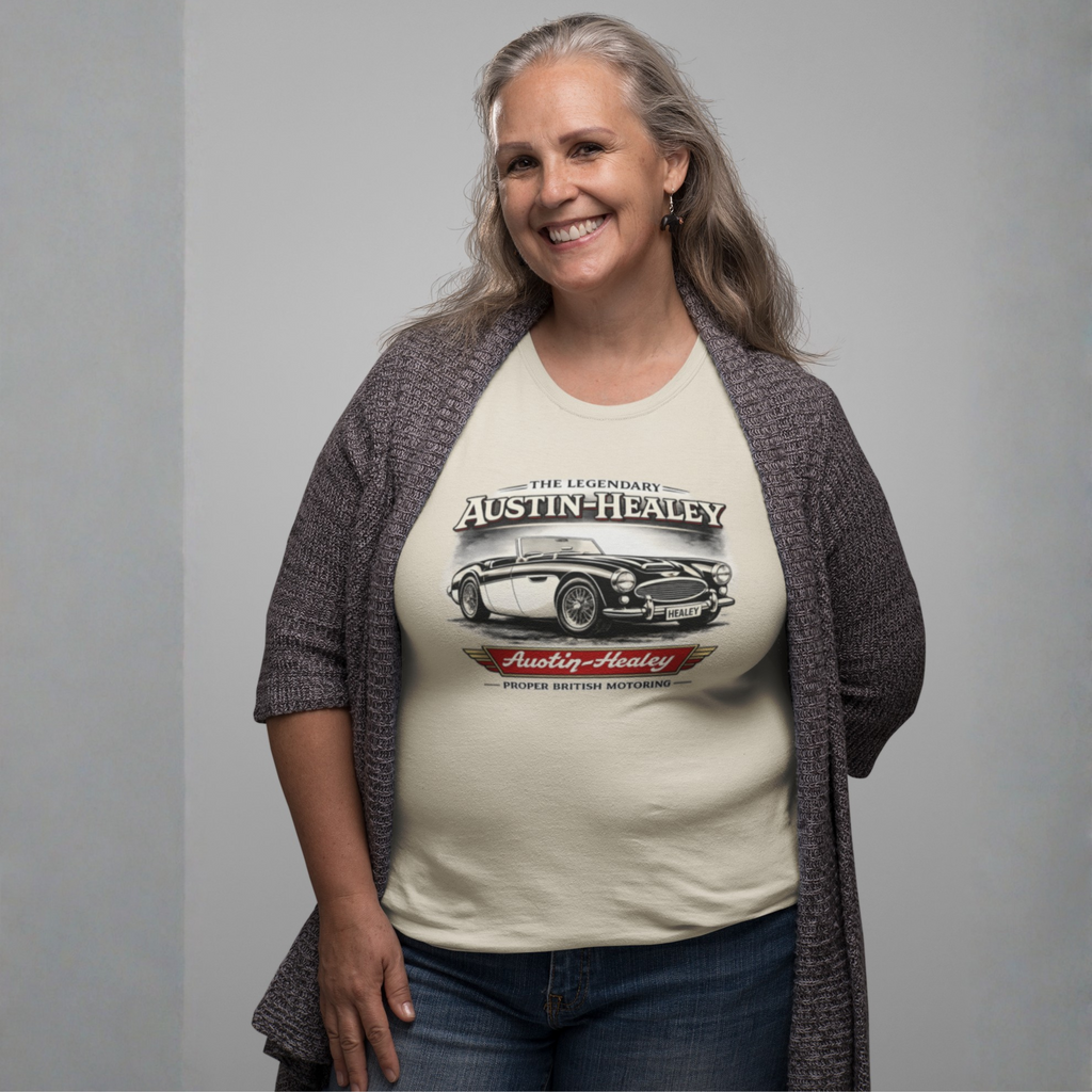 Woman wearing a natural t-shirt with Austin-Healey logo on a gray background