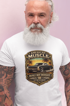 Man wearing a white t-shirt with a 'American Muscle' car graphic design on a pink background