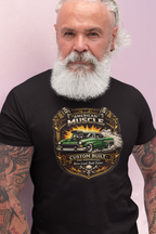 Man wearing a black t-shirt with a 'American Muscle' car graphic design on a light pink background