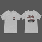 Front and back of a gray t-shirt with Healey logo and vintage car illustration on a gray background