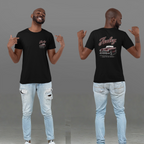 Man wearing a black t-shirt with a car graphic and text, standing against a gray background.