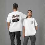 Two people wearing white t-shirts with a car design on a gray background