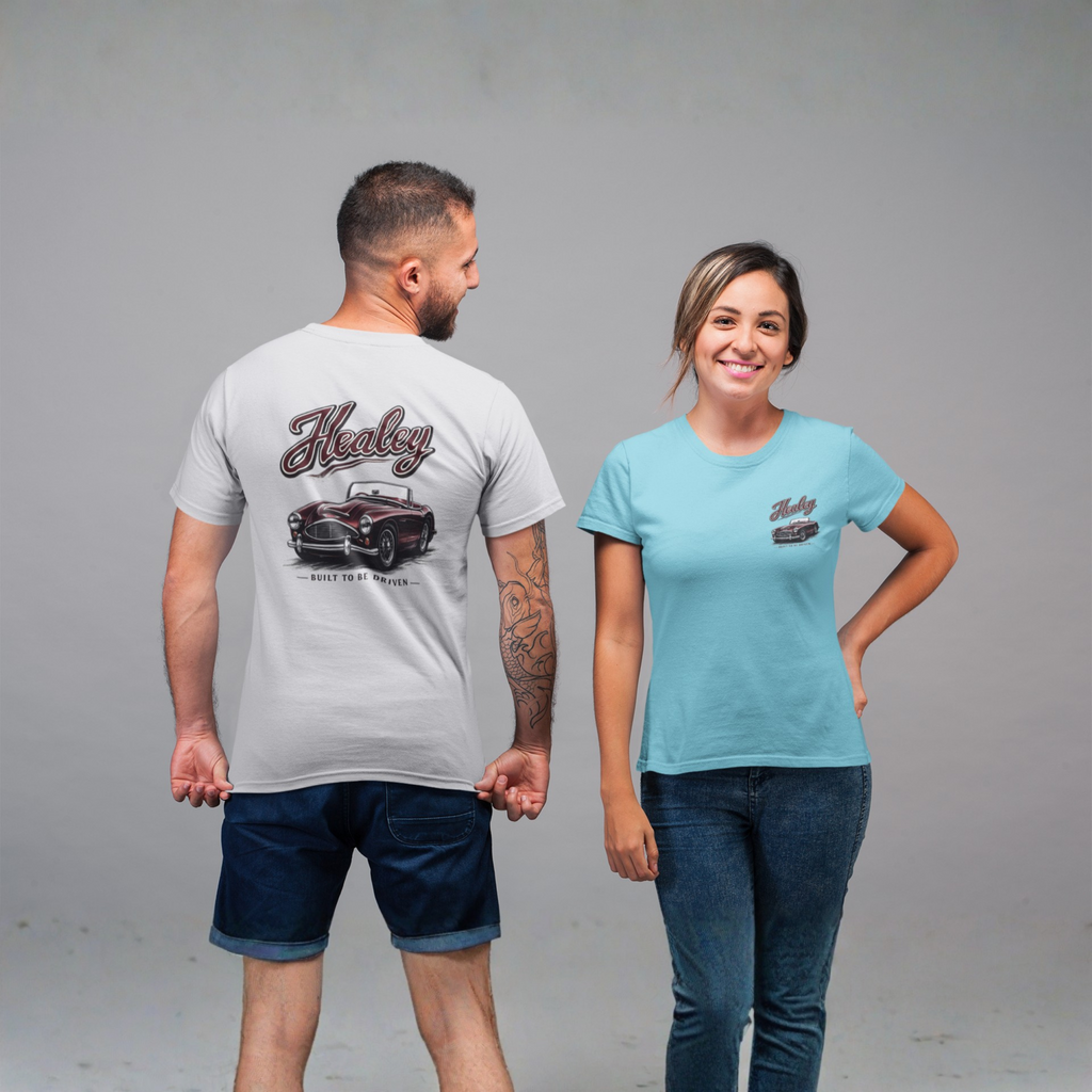 Man and woman wearing t-shirts with a car design on a gray background