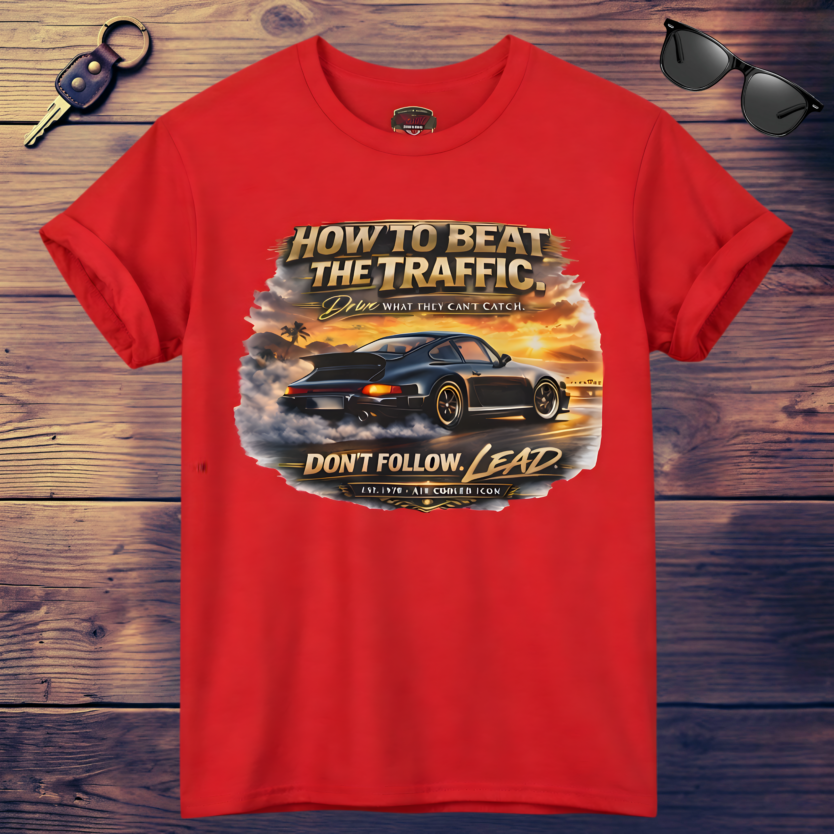 Red t-shirt with a classic car graphic design on a wooden surface with sunglasses and a key.