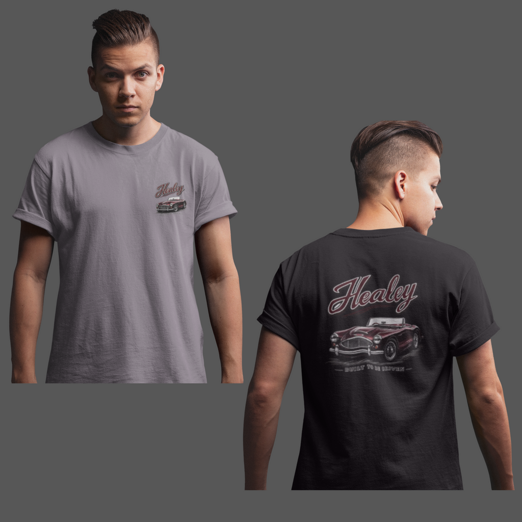 Man wearing a gray and black t-shirt with 'Healey' logo on the front and black t-shirt with 'Healy' logo on the back.