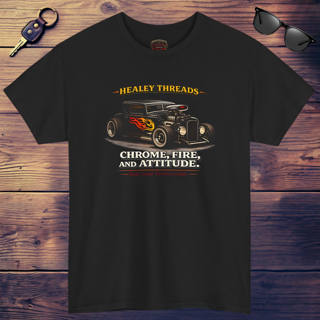 Black t-shirt with a graphic of a classic car and text on a wooden surface with sunglasses and a key.