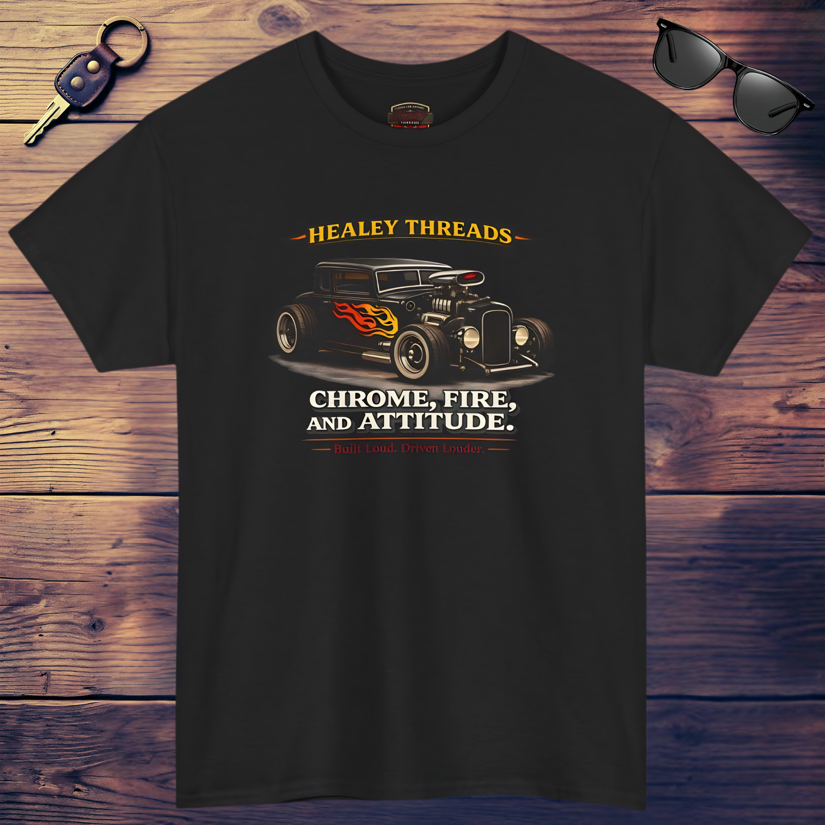 Black t-shirt with a graphic of a classic car and text on a wooden surface with sunglasses and a key.