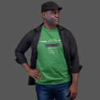 Man wearing a Irish green t-shirt with a vintage car design on a gray background