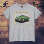 Sport gray t-shirt with a green Healey car graphic and 'Positive Energy' text on a wooden surface.