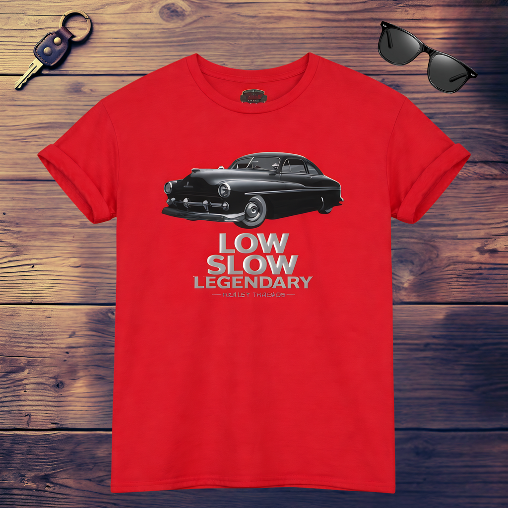 Red t-shirt with a black car graphic and 'Low Slow Legendary' text on a wooden surface with sunglasses and a key.