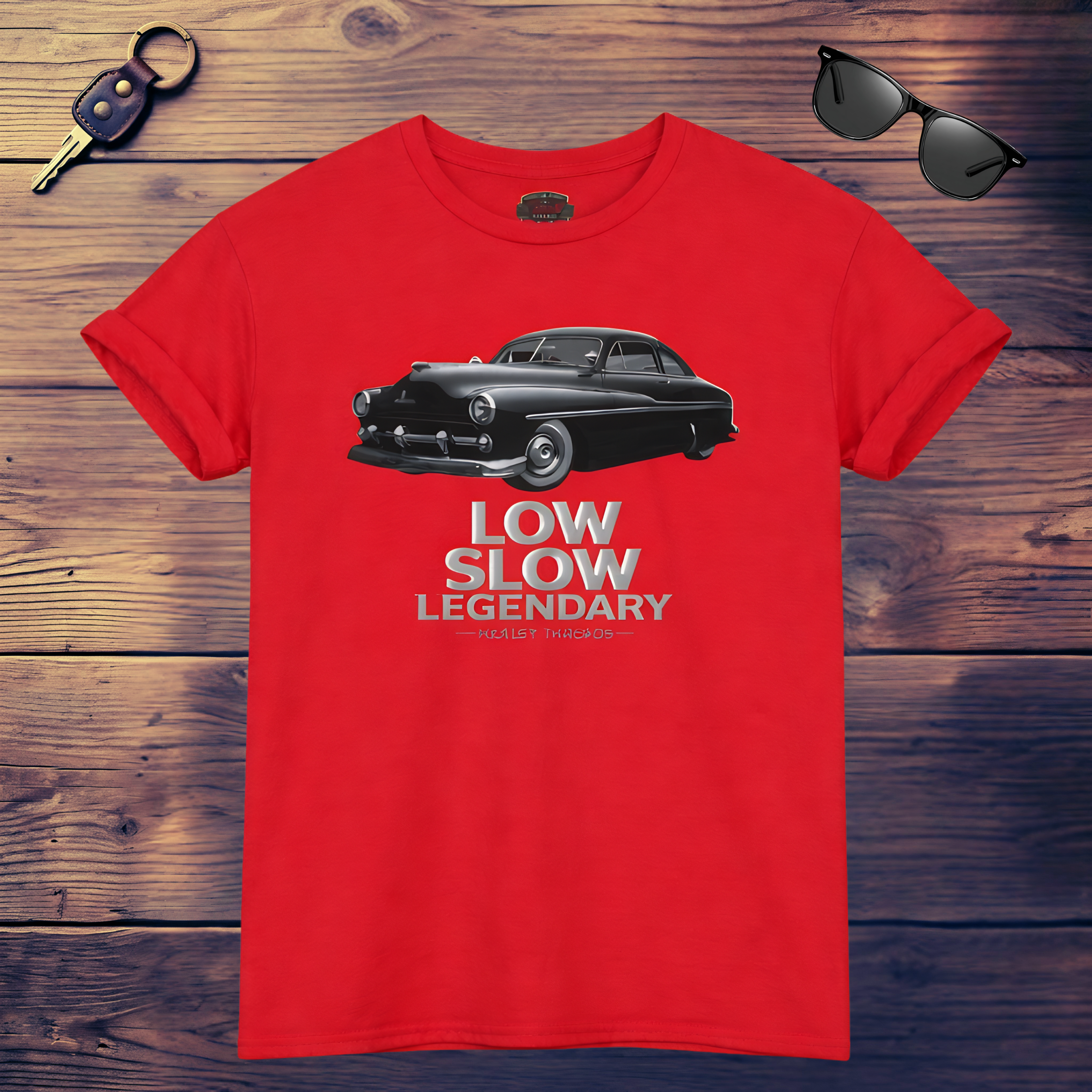 Red t-shirt with a black car graphic and 'Low Slow Legendary' text on a wooden surface with sunglasses and a key.