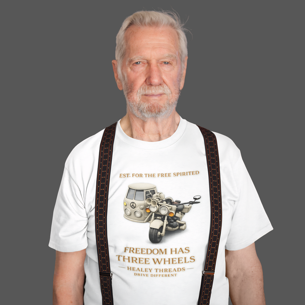 Man wearing a white t-shirt with a motorcycle graphic and text, standing against a plain background.