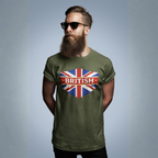 Man wearing a military green t-shirt with a British flag design on a gray background
