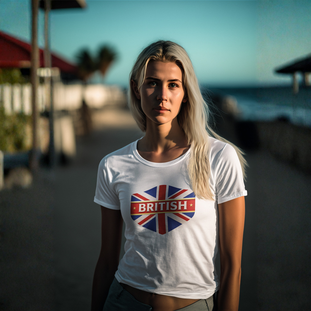 Woman wearing a white t-shirt with a British flag design on a beach.
