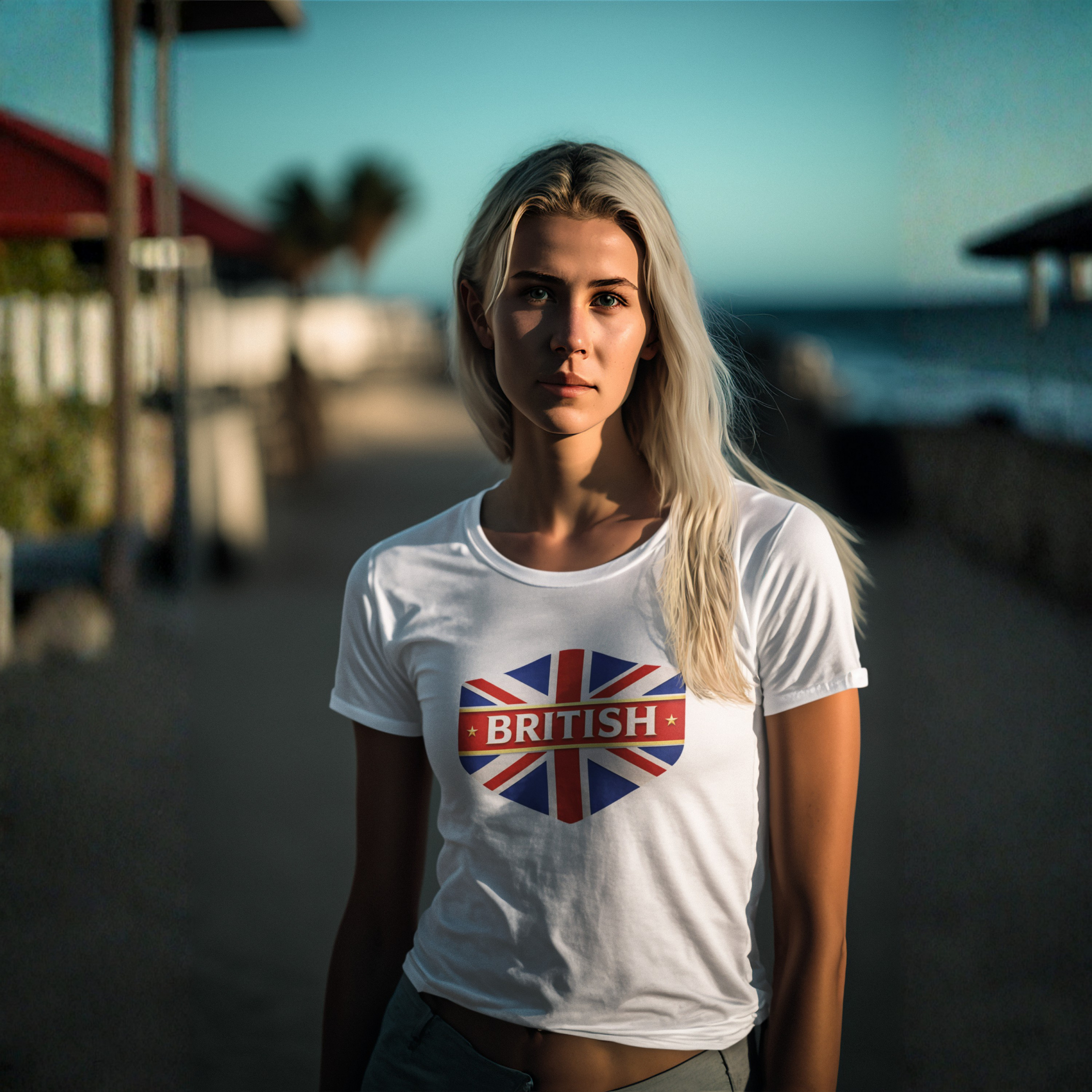 Woman wearing a white t-shirt with a British flag design on a beach.