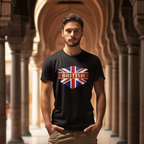 Man wearing a black t-shirt with a British flag design in an architectural setting