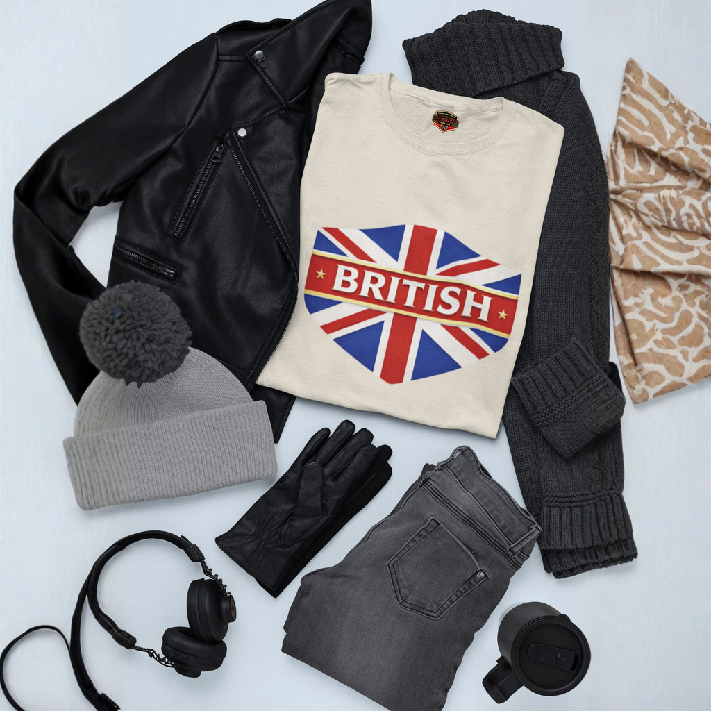 Collection of clothing and accessories including a white t-shirt with a British flag design on a light background.