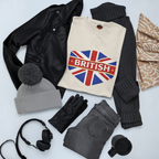 Collection of clothing and accessories including a white t-shirt with a British flag design on a light background.