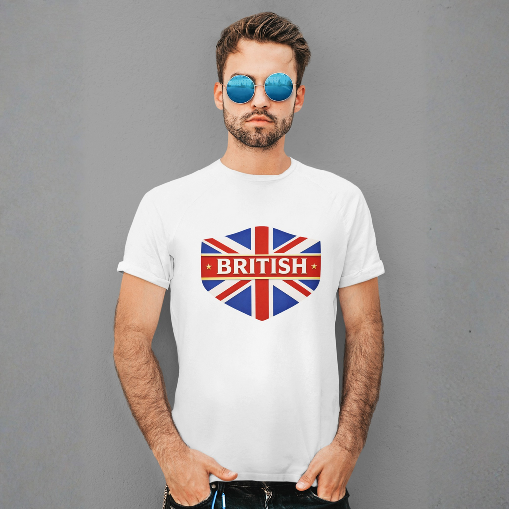 Man wearing a white t-shirt with a British flag design and the word 'BRITISH' on a gray background