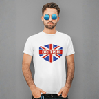 Man wearing a white t-shirt with a British flag design and the word 'BRITISH' on a gray background