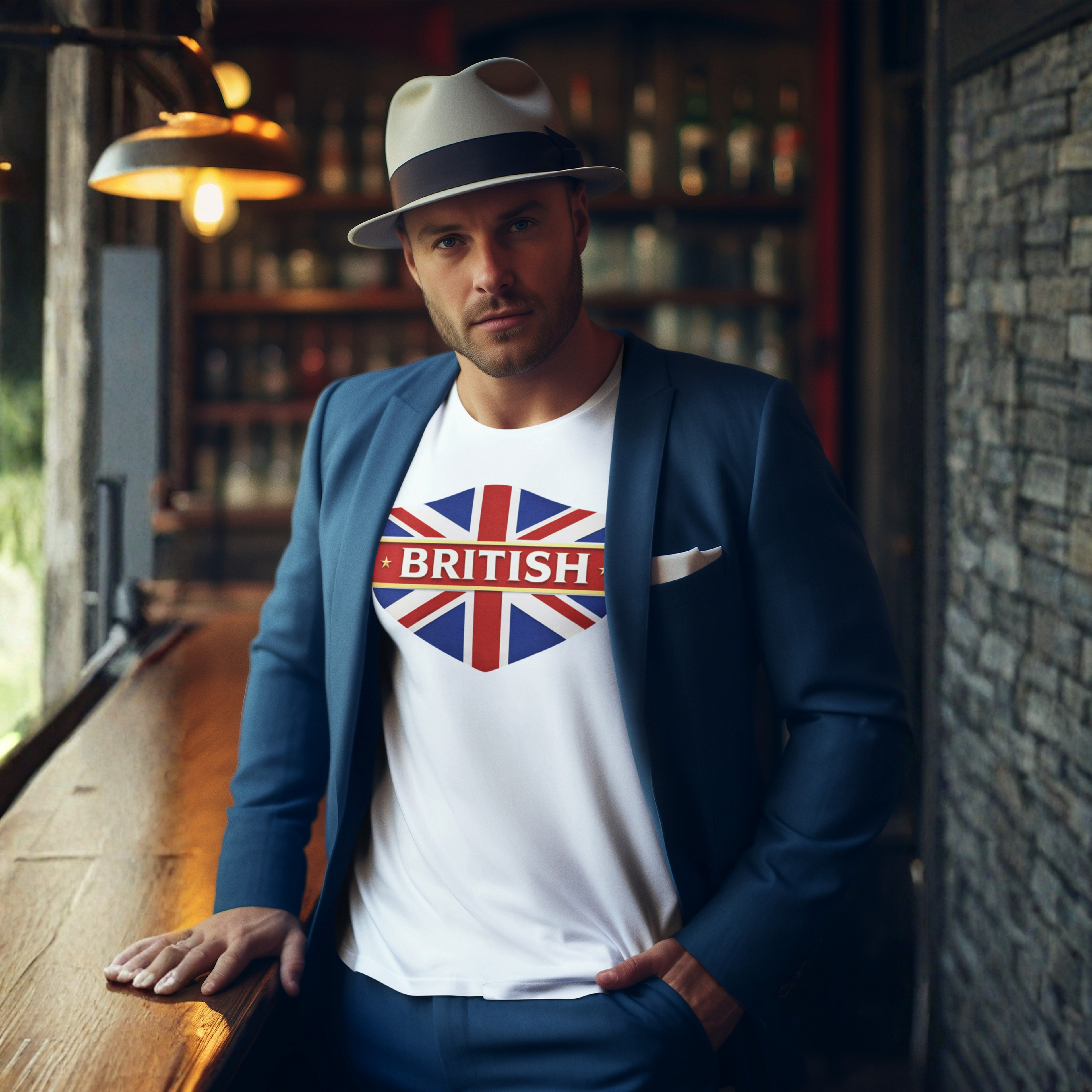 Man wearing a white t-shirt with a British flag design and a blue blazer in an indoor setting.