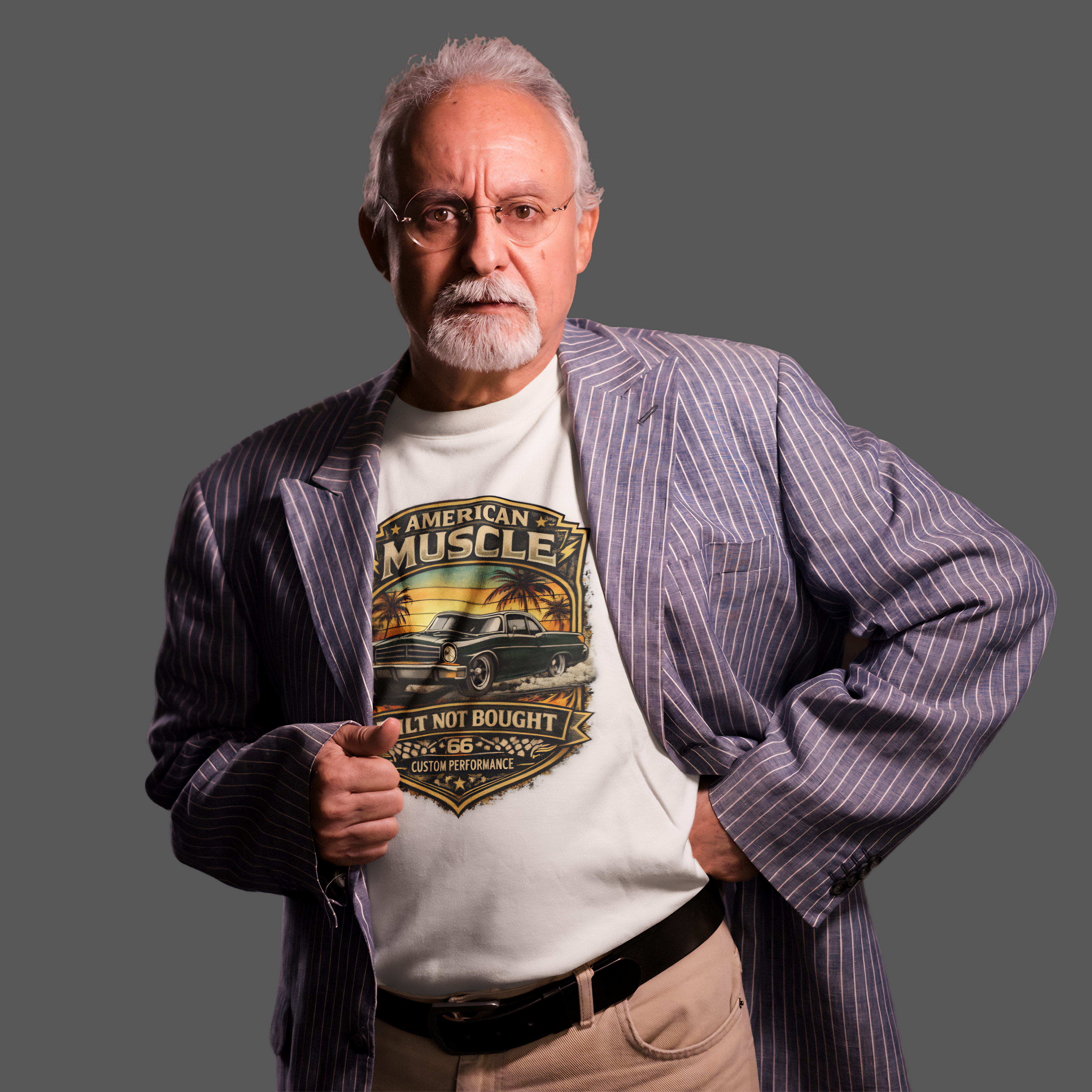 Man wearing a white t-shirt with 'American Muscle' car graphic and a striped jacket on a gray background