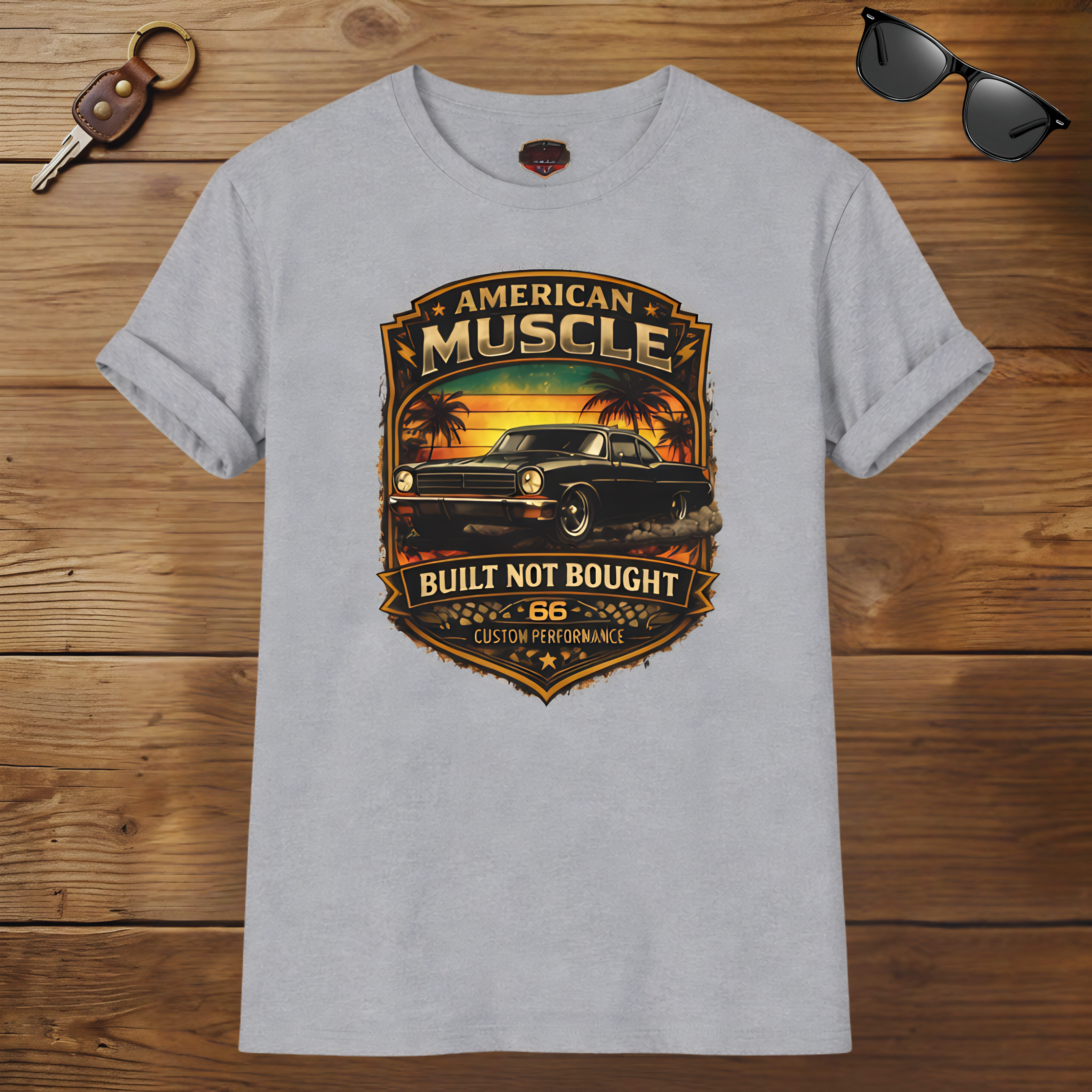 Sport gray t-shirt with 'American Muscle' car graphic design on a wooden surface with sunglasses and keychain.