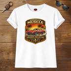 White t-shirt with American Muscle graphic design on a wooden surface with sunglasses and keychain.