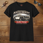 Black t-shirt with Austin-Healey car design on a wooden surface with sunglasses and keychain.