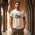 Man wearing a natural t-shirt with a graphic Healey car design in an architectural setting