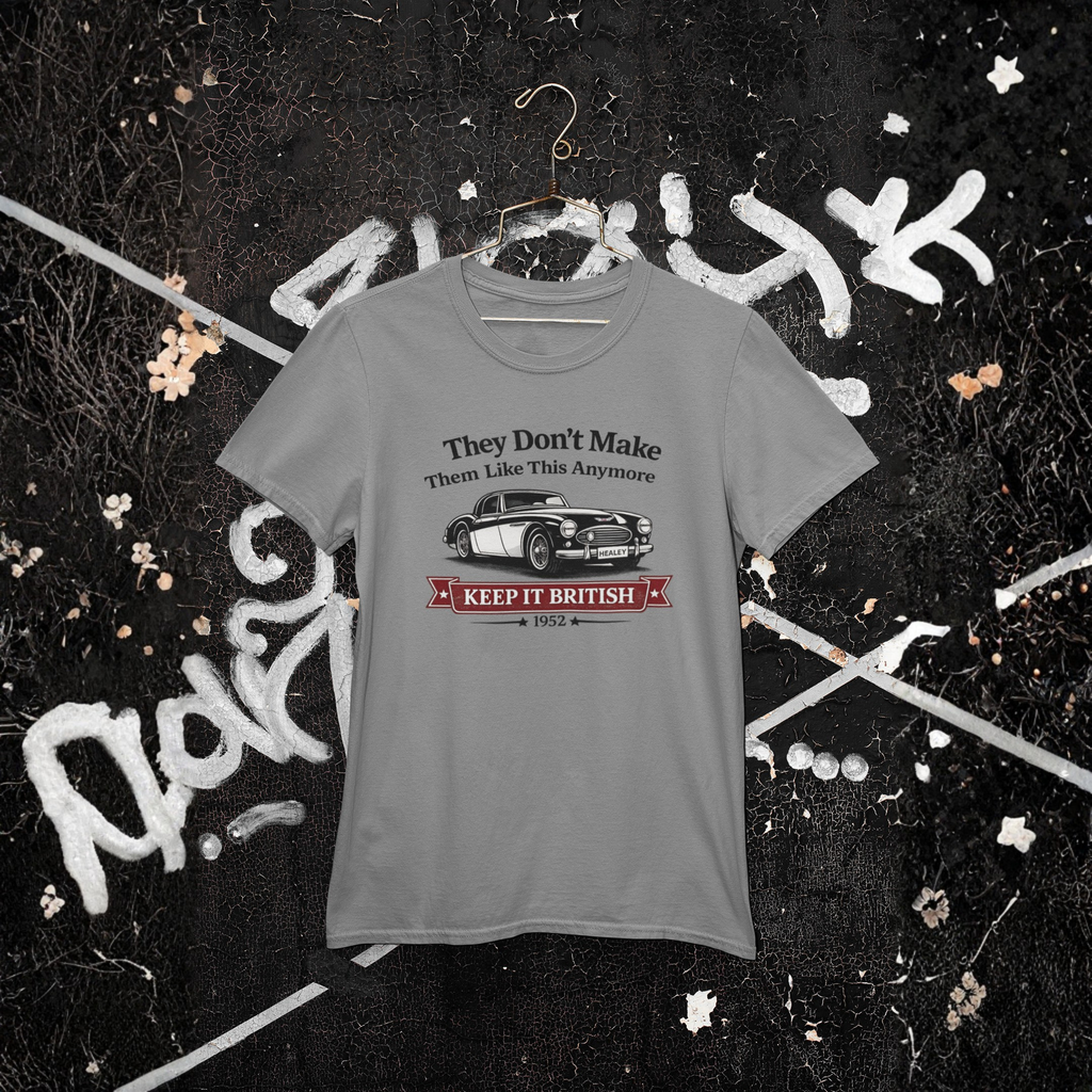 Sport gray t-shirt with a Healey graphic and text on a dark background with white abstract designs