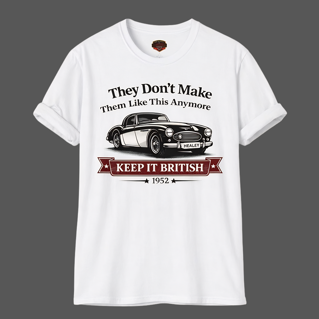 White t-shirt with a graphic of a classic car and text on a gray background
