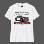 White t-shirt with a graphic of a classic car and text on a gray background