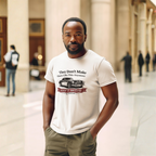 Man wearing a natural t-shirt with a graphic Healey car design in an indoor setting