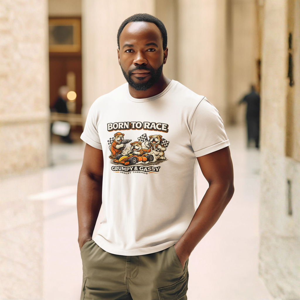 Man wearing a natural t-shirt with a graphic 'Born To Race' design in an indoor setting