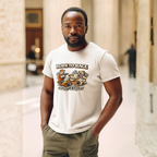 Man wearing a natural t-shirt with a graphic 'Born To Race' design in an indoor setting