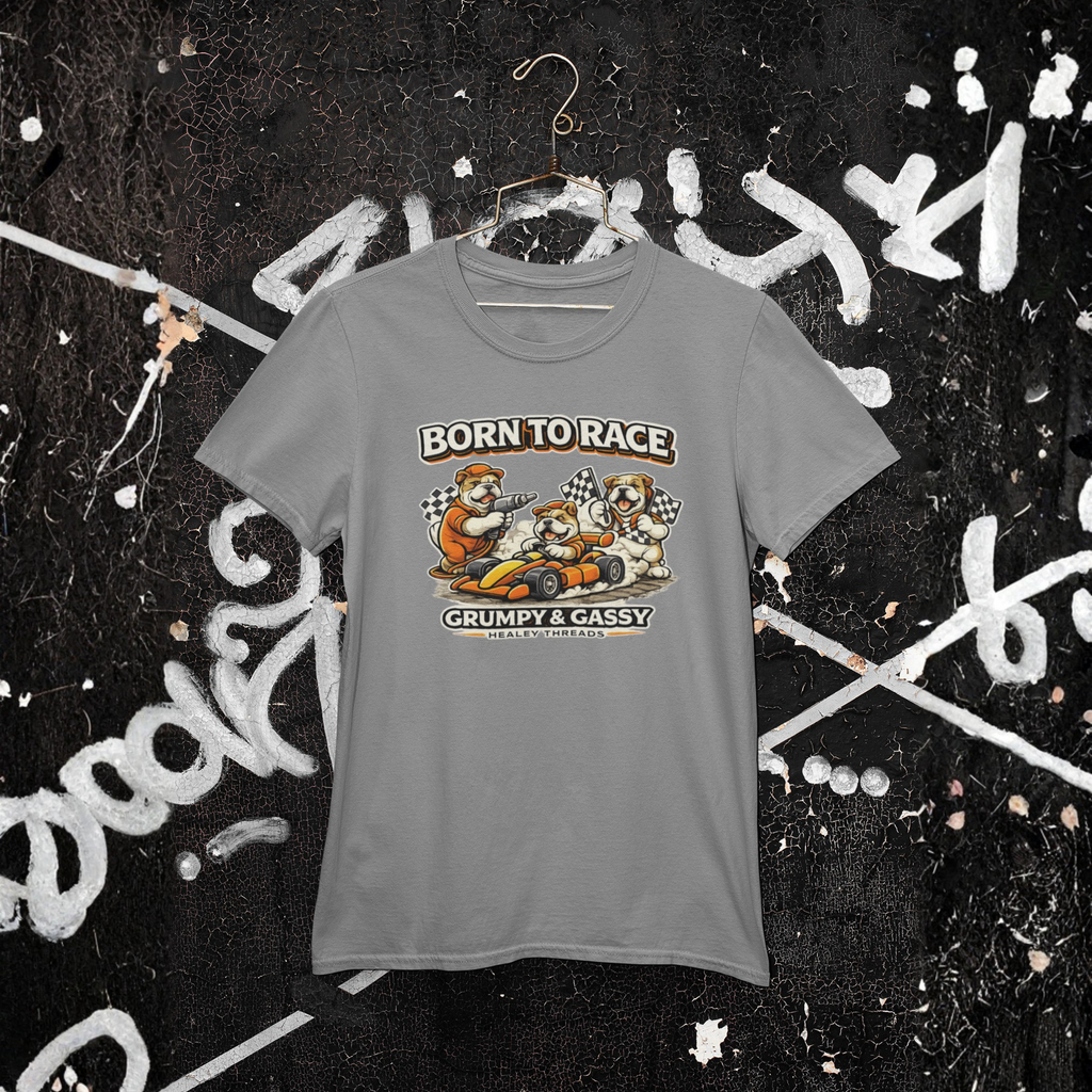 Gray t-shirt with 'Born to Race Grumpy & Gassy' graphic on a textured black background