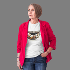 Woman wearing a red jacket over a white t-shirt with 'Track Day Crew' graphic on a gray background