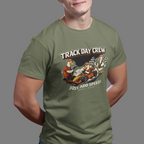 Man wearing a military green t-shirt with 'Track Day Crew' graphic design.