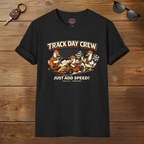 Black t-shirt with 'Track Day Crew' graphic on a wooden surface with sunglasses and keys.