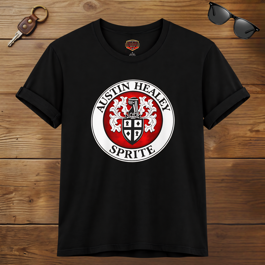Black t-shirt with Austin Healey Sprite logo on a wooden surface with sunglasses and keys.