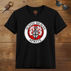 Black t-shirt with Austin Healey Sprite logo on a wooden surface with sunglasses and keys.