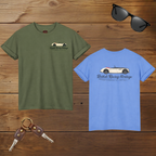 Front and back of two t-shirts with classic car design, sunglasses, and keys on a wooden surface