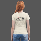 Back of a girl wearing a natural t-shirt with a Healey classic car graphic design on a gray background