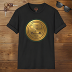 Black t-shirt with a gold classic car emblem on a wooden surface with sunglasses and keys.