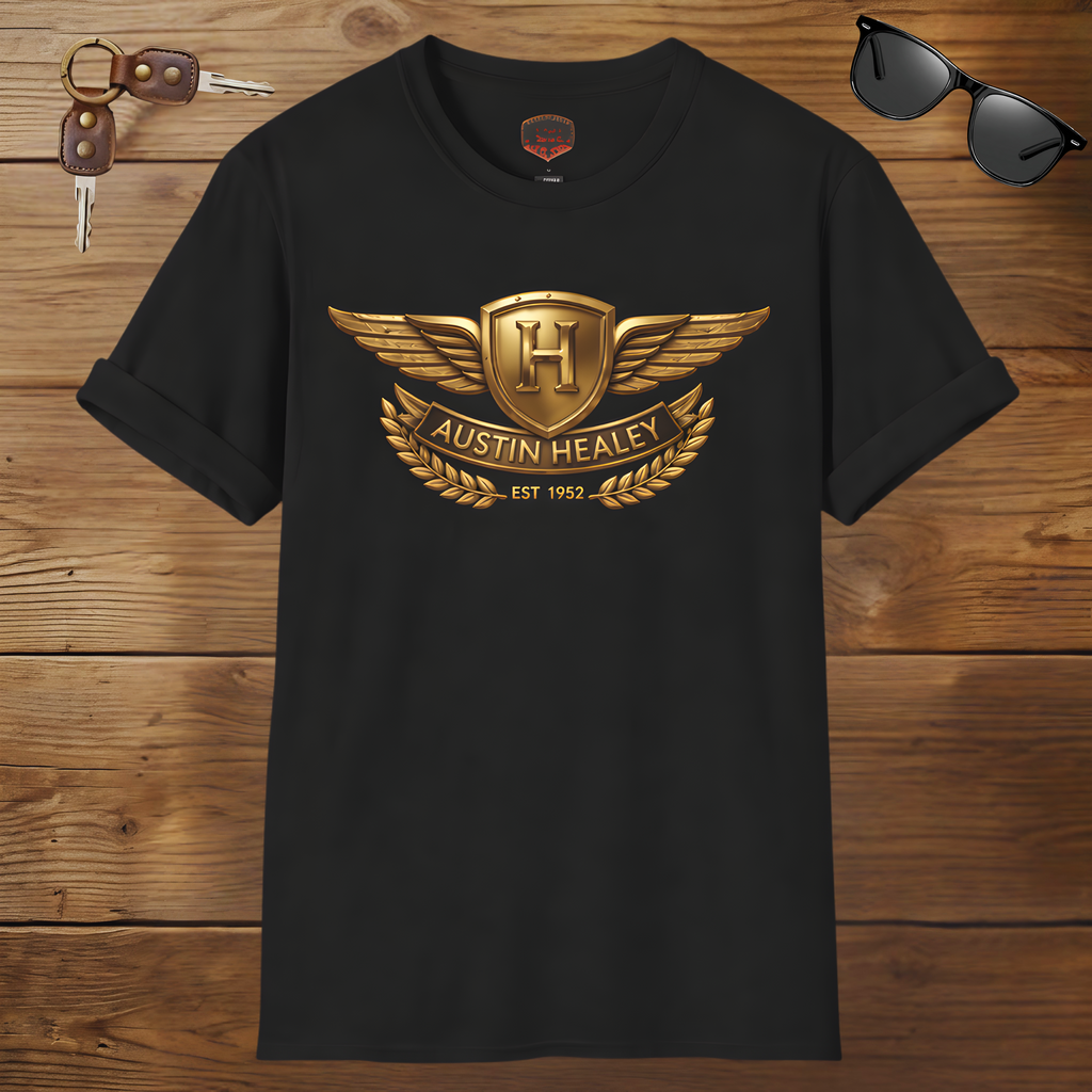 Black t-shirt with gold Austin Healey logo on a wooden background