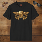 Black t-shirt with gold Austin Healey logo on a wooden background