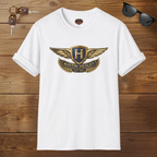 White t-shirt with Austin-Healey logo on a wooden surface with sunglasses and keys.
