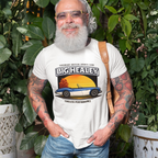 Bearded man wearing a Big Healey graphic white colored t-shirt featuring a blue and white Austin Healey roadster with retro sunset artwork and vintage British sports car typography by Healey Threads